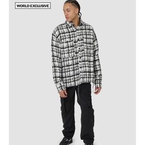MNML - Heavy WOVEN YARN Patchwork Mens L Flannel Shirt Jacket Black White Raw